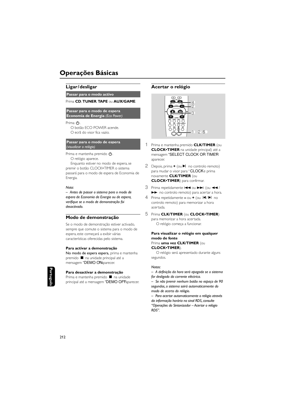 Philips FWM730 user manual Operações Básicas, Ligar/ desligar, Modo de demonstração, Acertar o relógio 