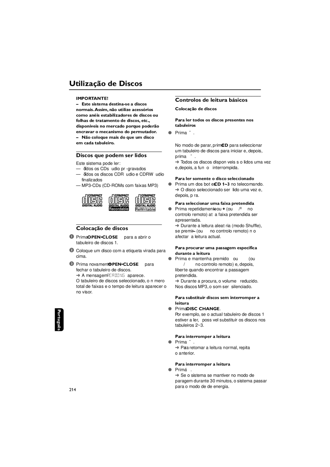 Philips FWM730 Utilização de Discos, Discos que podem ser lidos, Colocação de discos pág P4, Controlos de leitura básicos 