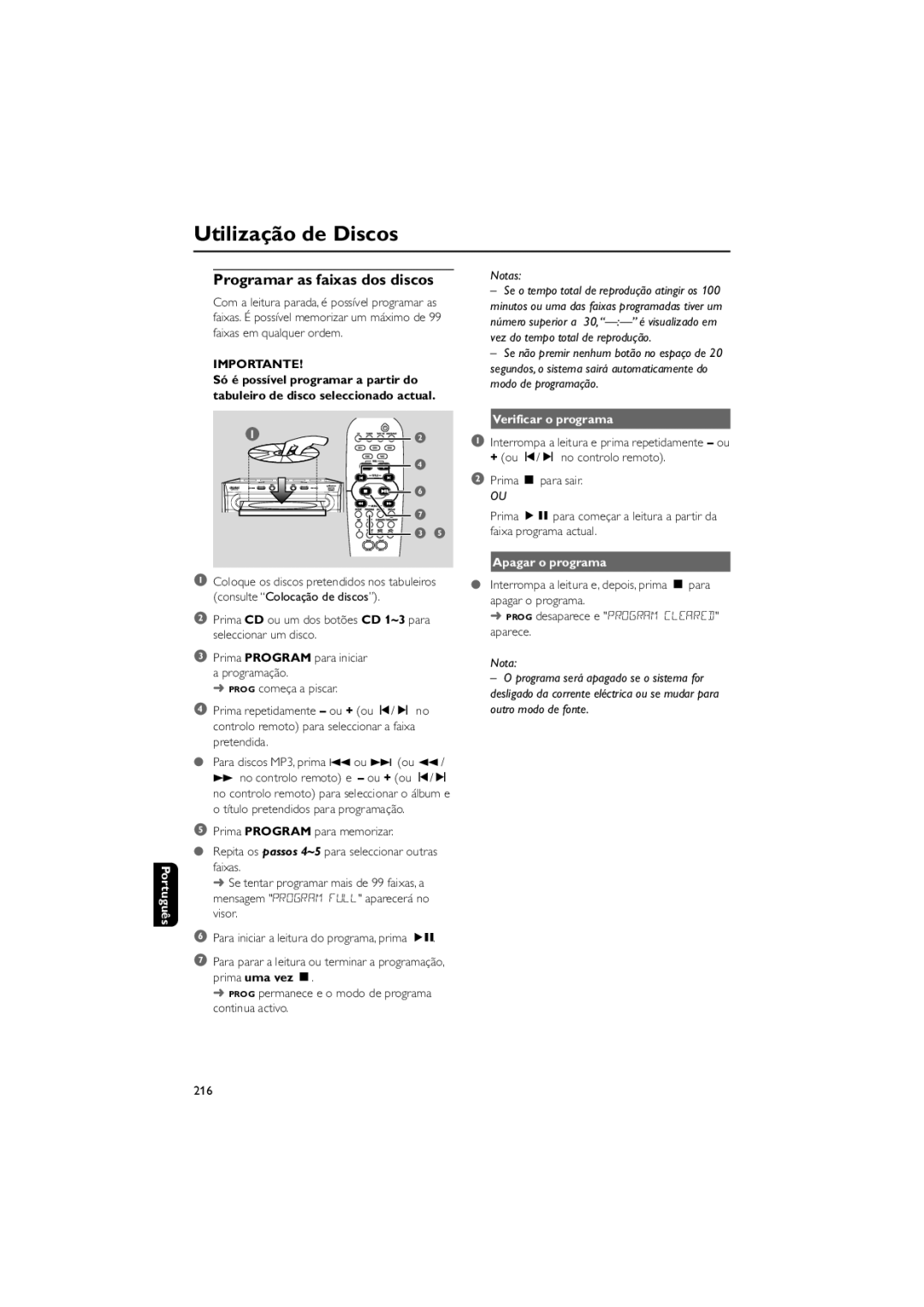 Philips FWM730 user manual Programar as faixas dos discos, Verificar o programa, Apagar o programa, 216 