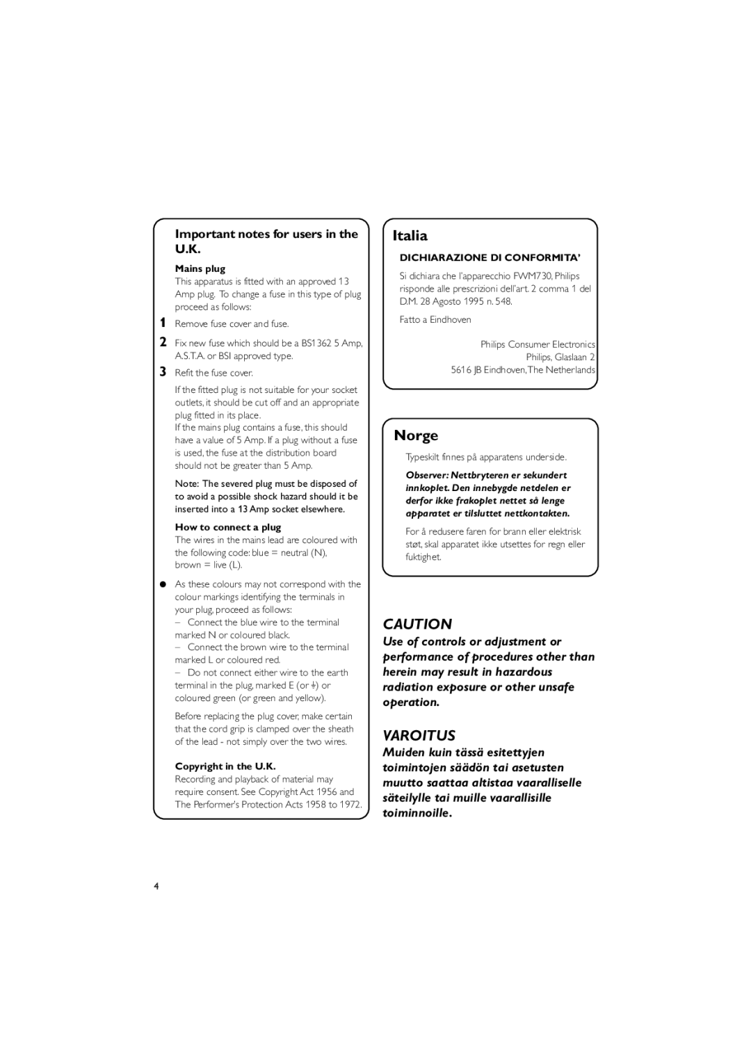 Philips FWM730 user manual Important notes for users in the U.K, Mains plug, How to connect a plug, Copyright in the U.K 