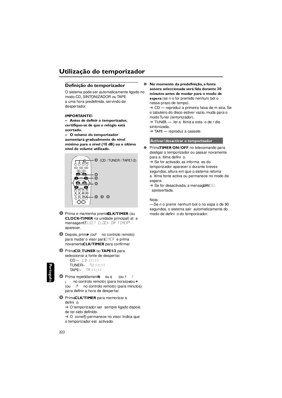 Philips FWM730 user manual Utilização do temporizador, Definição do temporizador, Activar/desactivar o temporizador 