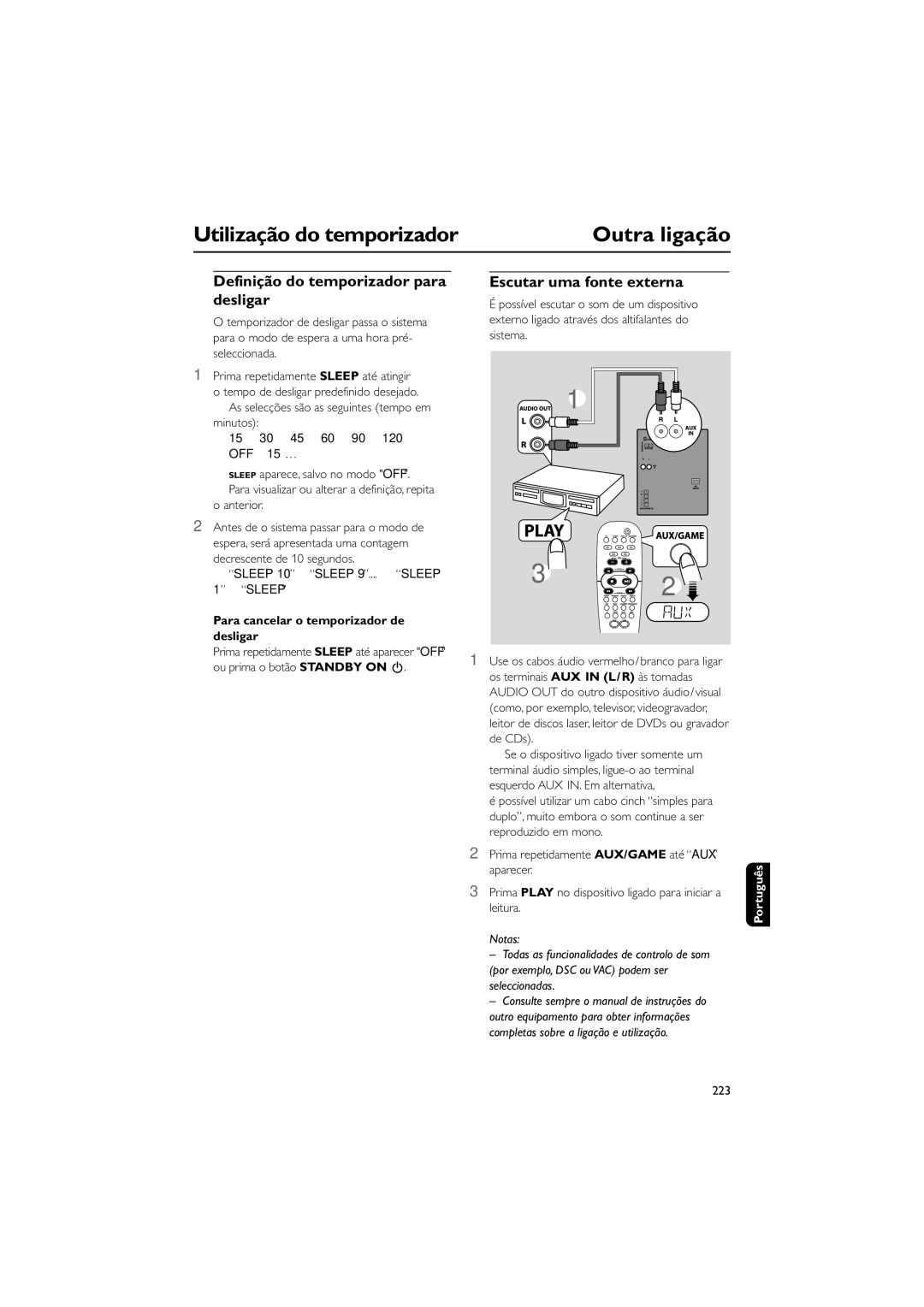 Philips FWM730 user manual Definição do temporizador para desligar, Escutar uma fonte externa, 223 