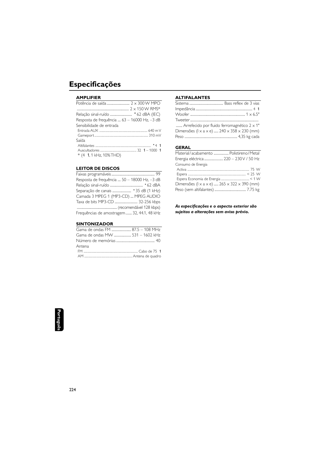 Philips FWM730 user manual Especificações 