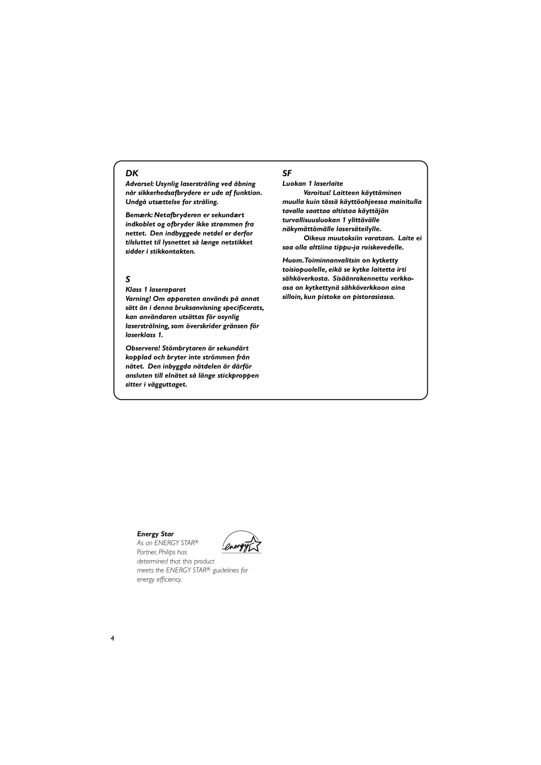 Philips FWM730 user manual Klass 1 laseraparat 