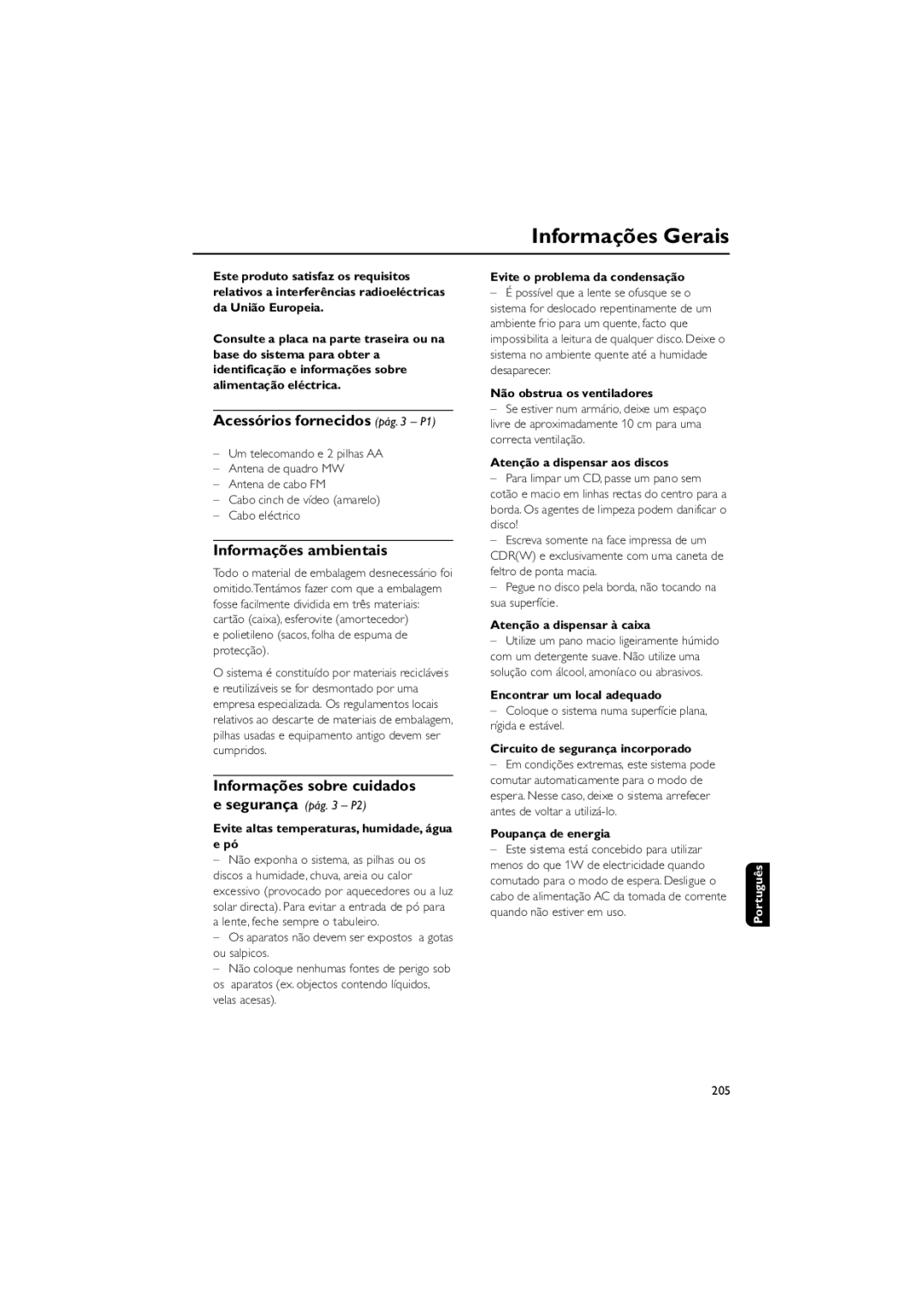 Philips FWM730 user manual Informações Gerais, Acessórios fornecidos pág P1, Informações ambientais, Português 