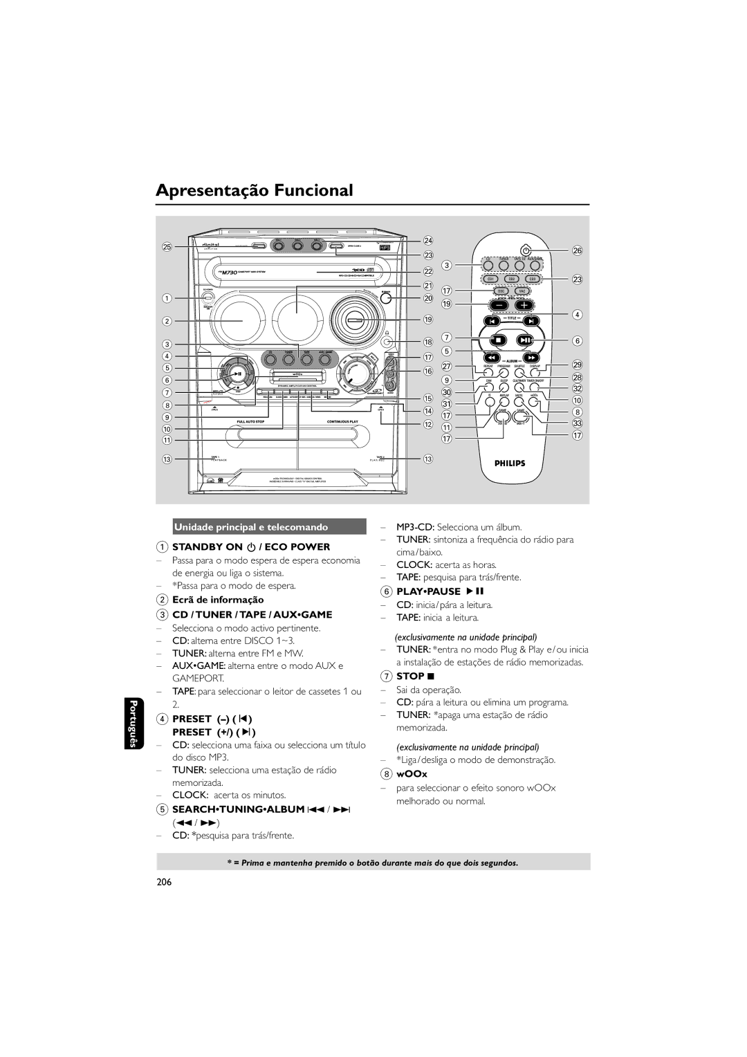 Philips FWM730 Apresentação Funcional, Português Unidade principal e telecomando, Standby on B / ECO Power, Playpause ÉÅ 