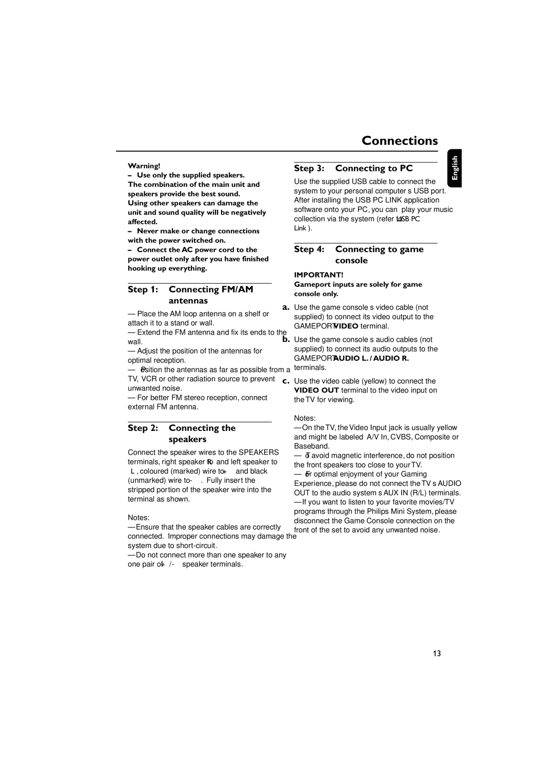 Philips FWM779 warranty Connecting FM/AM Antennas, Connecting Speakers, Connecting to PC, Connecting to game Console 