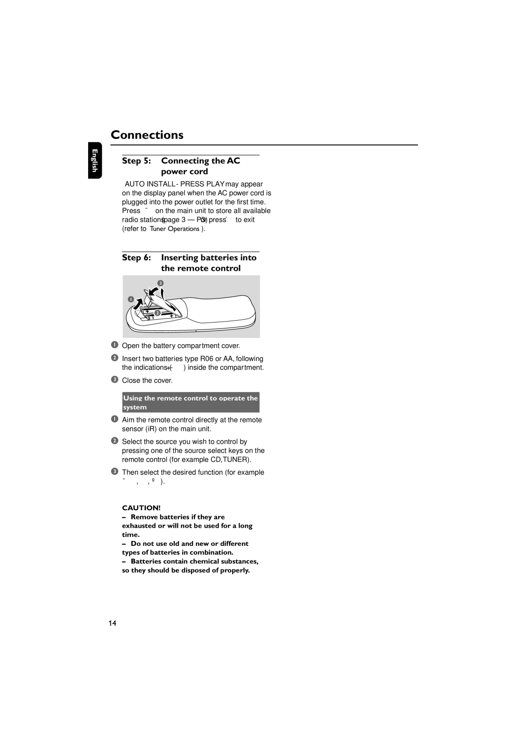 Philips FWM779 warranty Connecting the AC Power cord, Inserting batteries into Remote control 