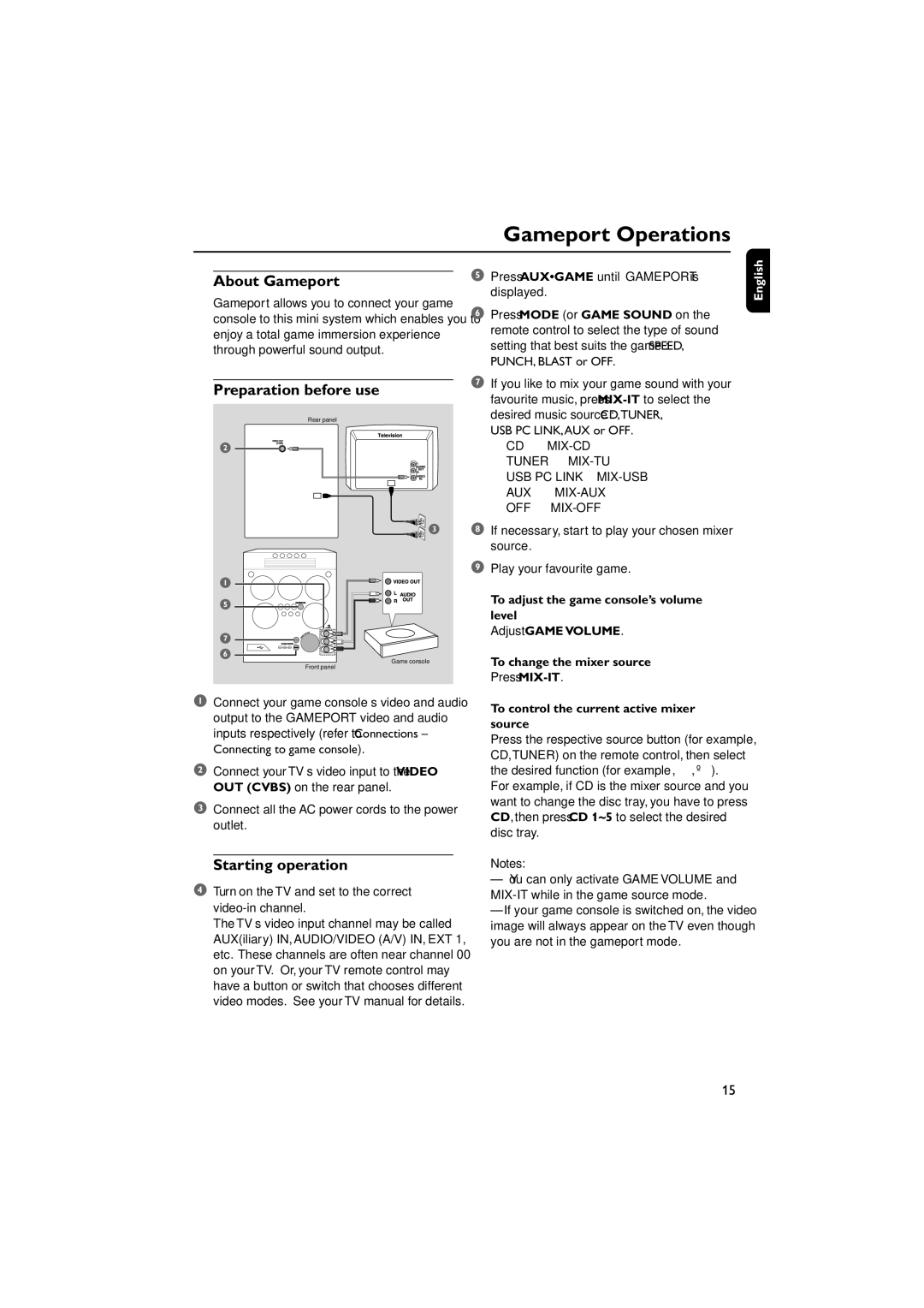 Philips FWM779 warranty Gameport Operations, About Gameport, Preparation before use, Starting operation 