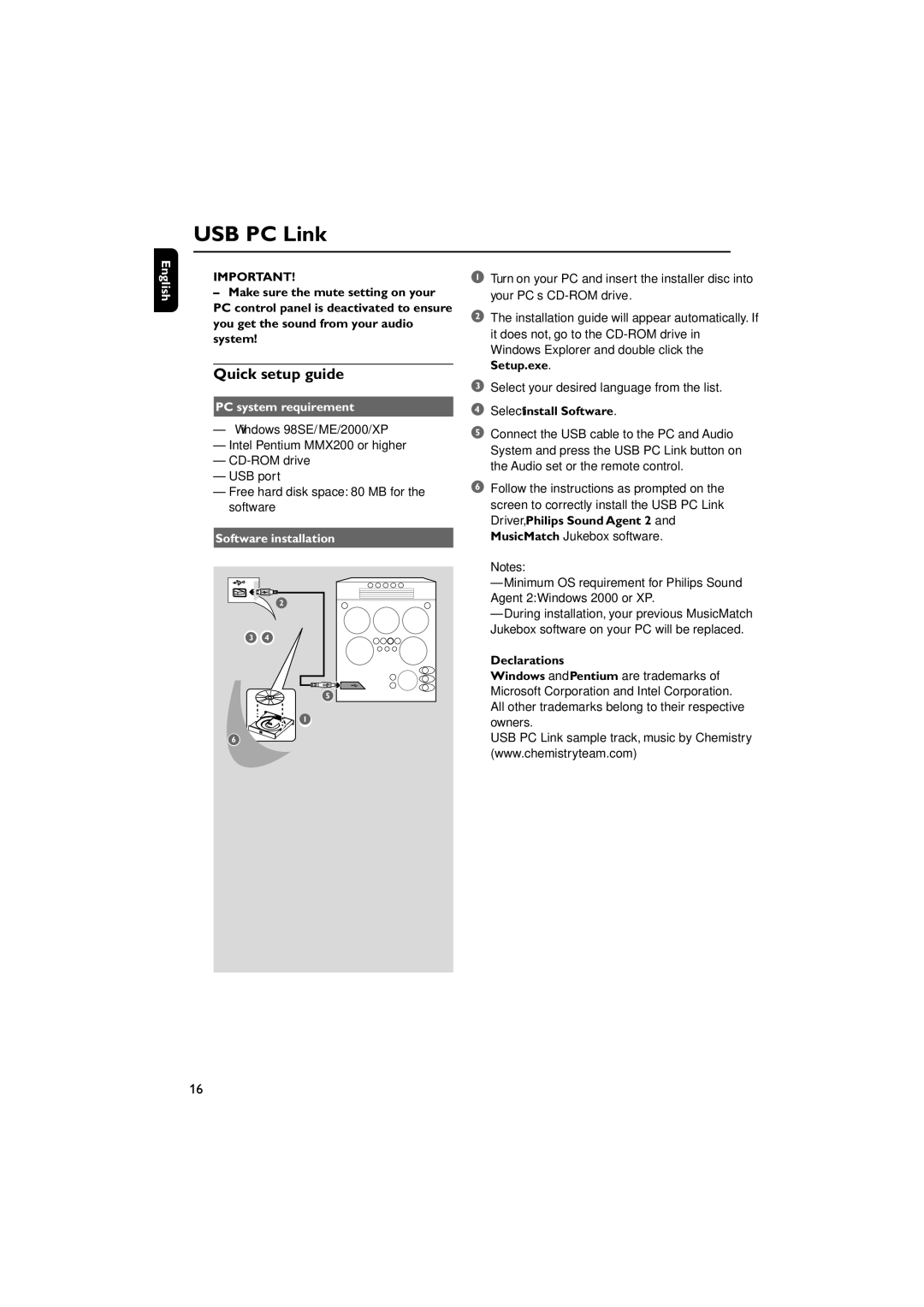 Philips FWM779 warranty USB PC Link, Quick setup guide, PC system requirement, Software installation 