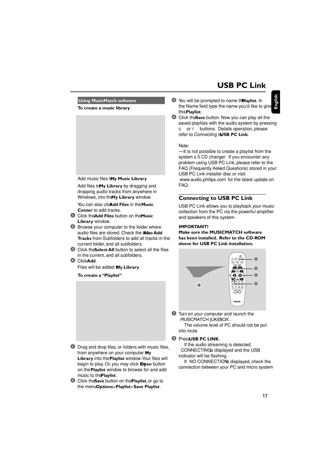 Philips FWM779 warranty Connecting to USB PC Link, Using MusicMatch software 