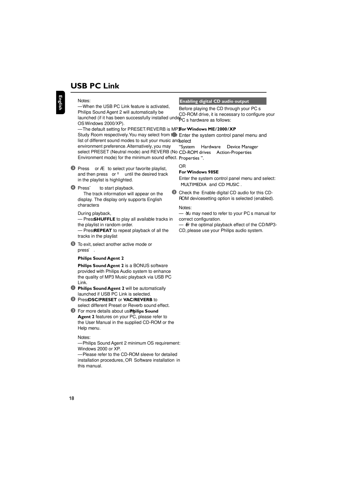 Philips FWM779 Philips Sound Agent 2 will be automatically, Enabling digital CD audio output, For Windows ME/2000/XP 