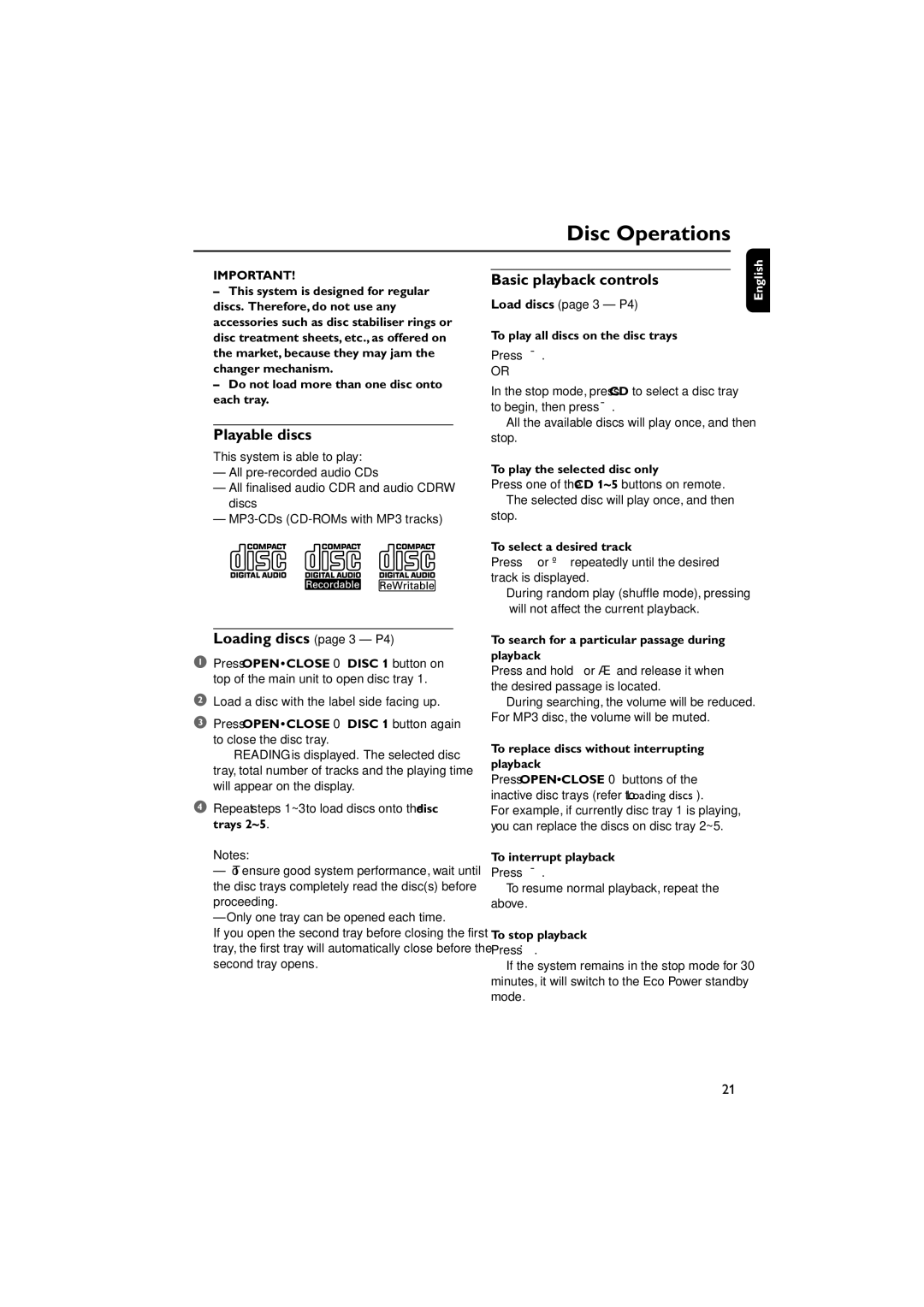 Philips FWM779 warranty Disc Operations, Playable discs, Basic playback controls, Loading discs page 3 P4 