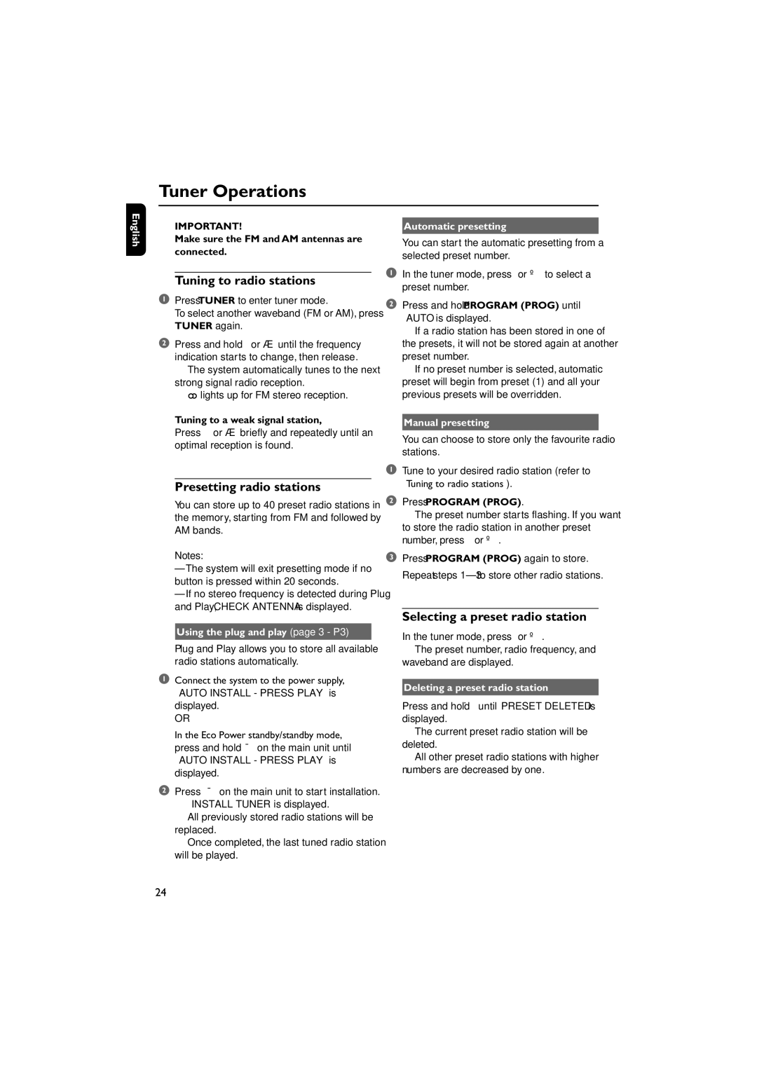 Philips FWM779 Tuner Operations, Tuning to radio stations, Presetting radio stations, Selecting a preset radio station 