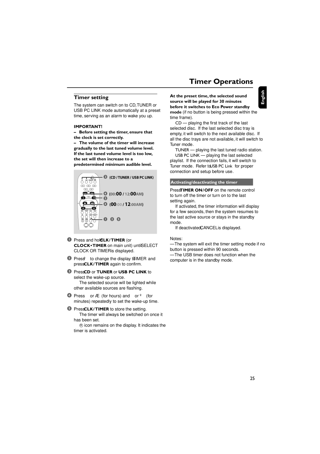 Philips FWM779 warranty Timer Operations, Timer setting, Activating/deactivating the timer 