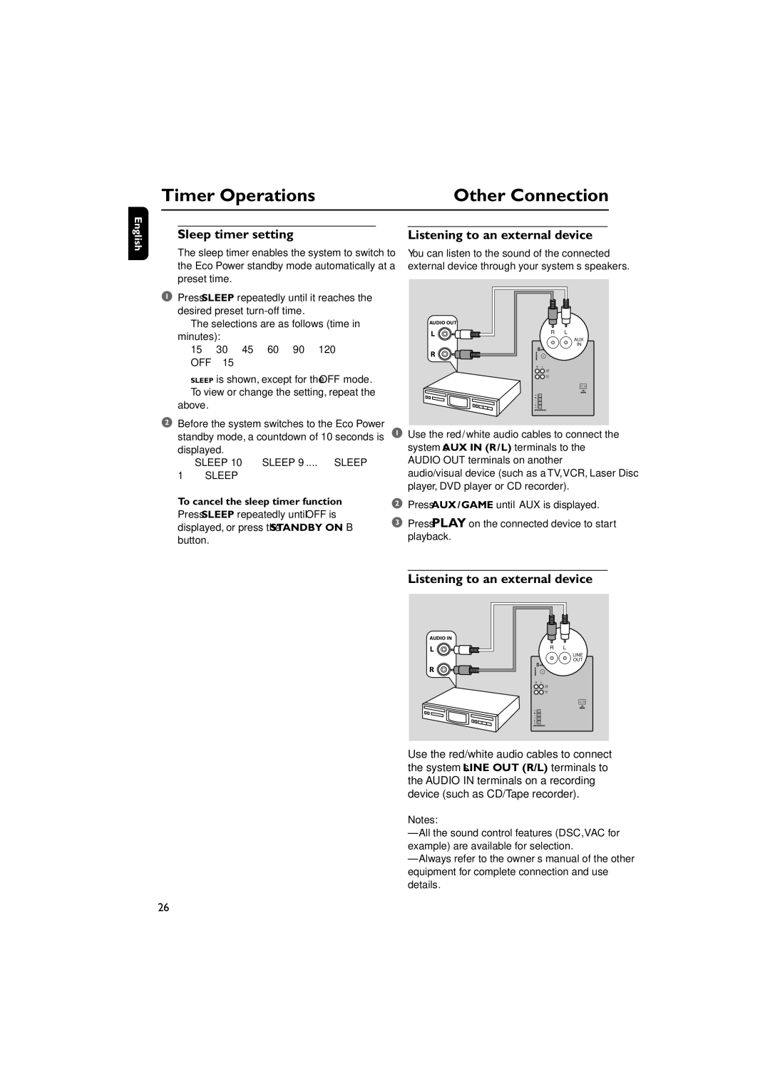 Philips FWM779 warranty Sleep timer setting, Listening to an external device, To cancel the sleep timer function 