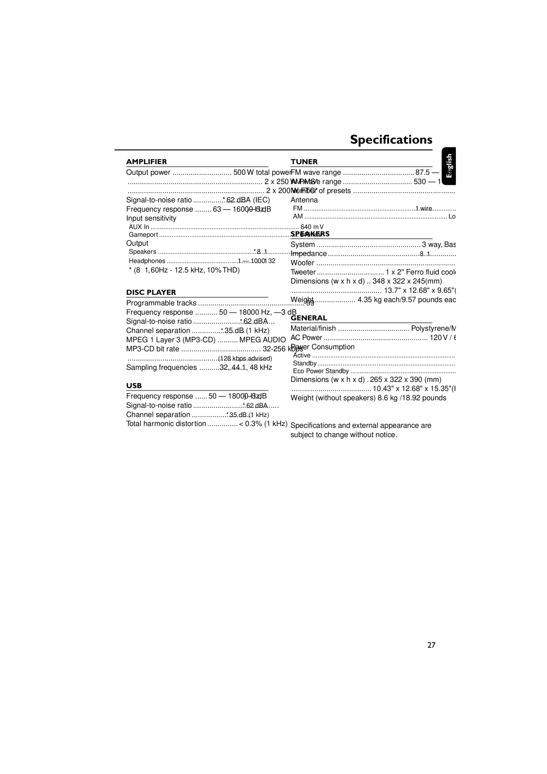 Philips FWM779 warranty Specifications 