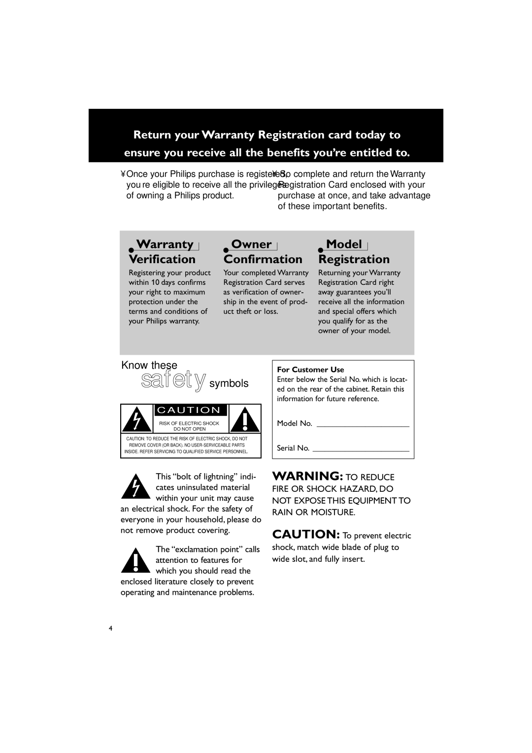 Philips FWM779 warranty Warranty Verification, Owner Confirmation, Model Registration 