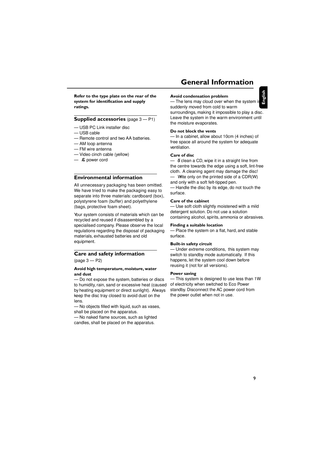 Philips FWM779 General Information, Supplied accessories page 3 P1, Environmental information, Care and safety information 