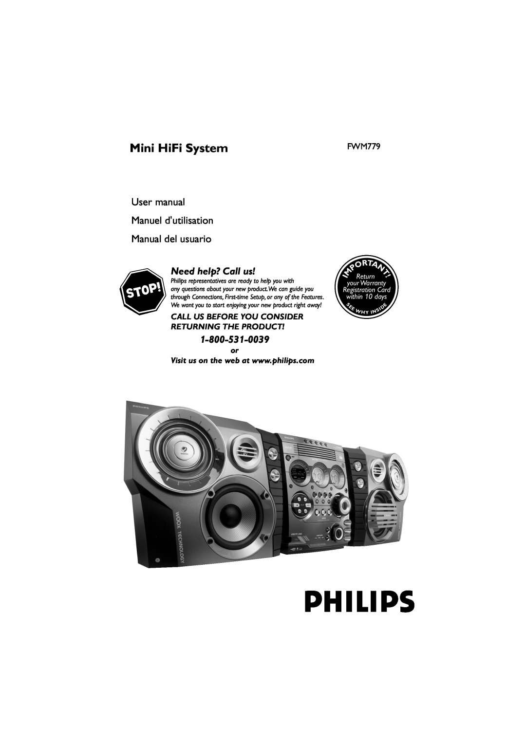 Philips FWM779 warranty Mini HiFi System, Need help? Call us, Manual del usuario, Return, your Warranty, Registration Card 