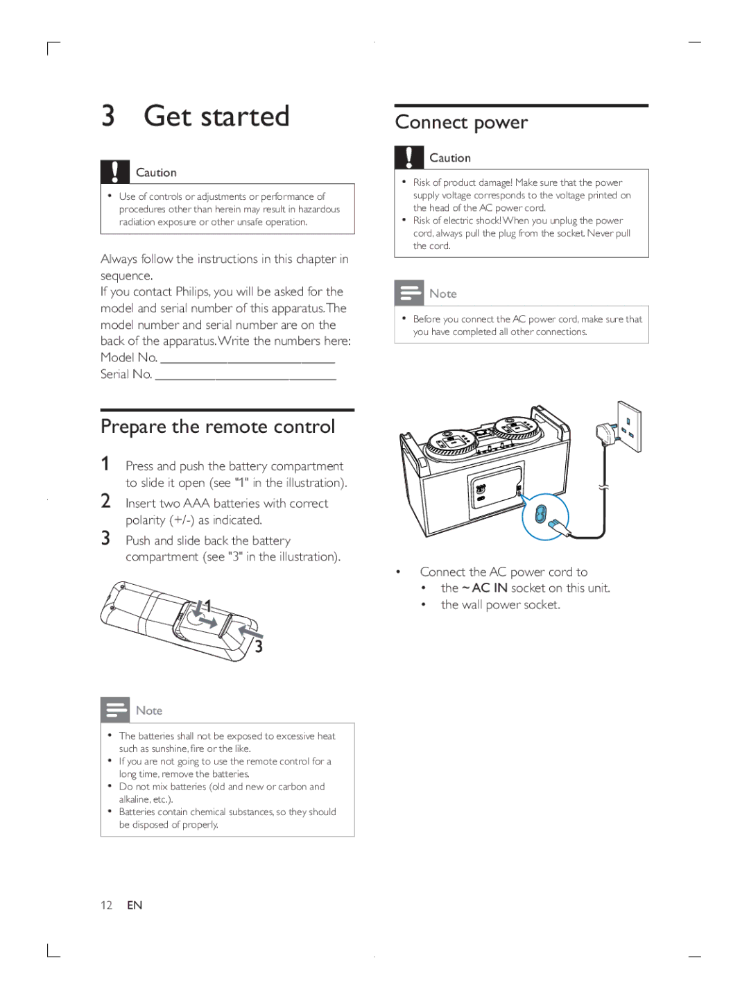 Philips FWP3200D Get started, Connect power, Prepare the remote control, Always follow the instructions in this chapter 