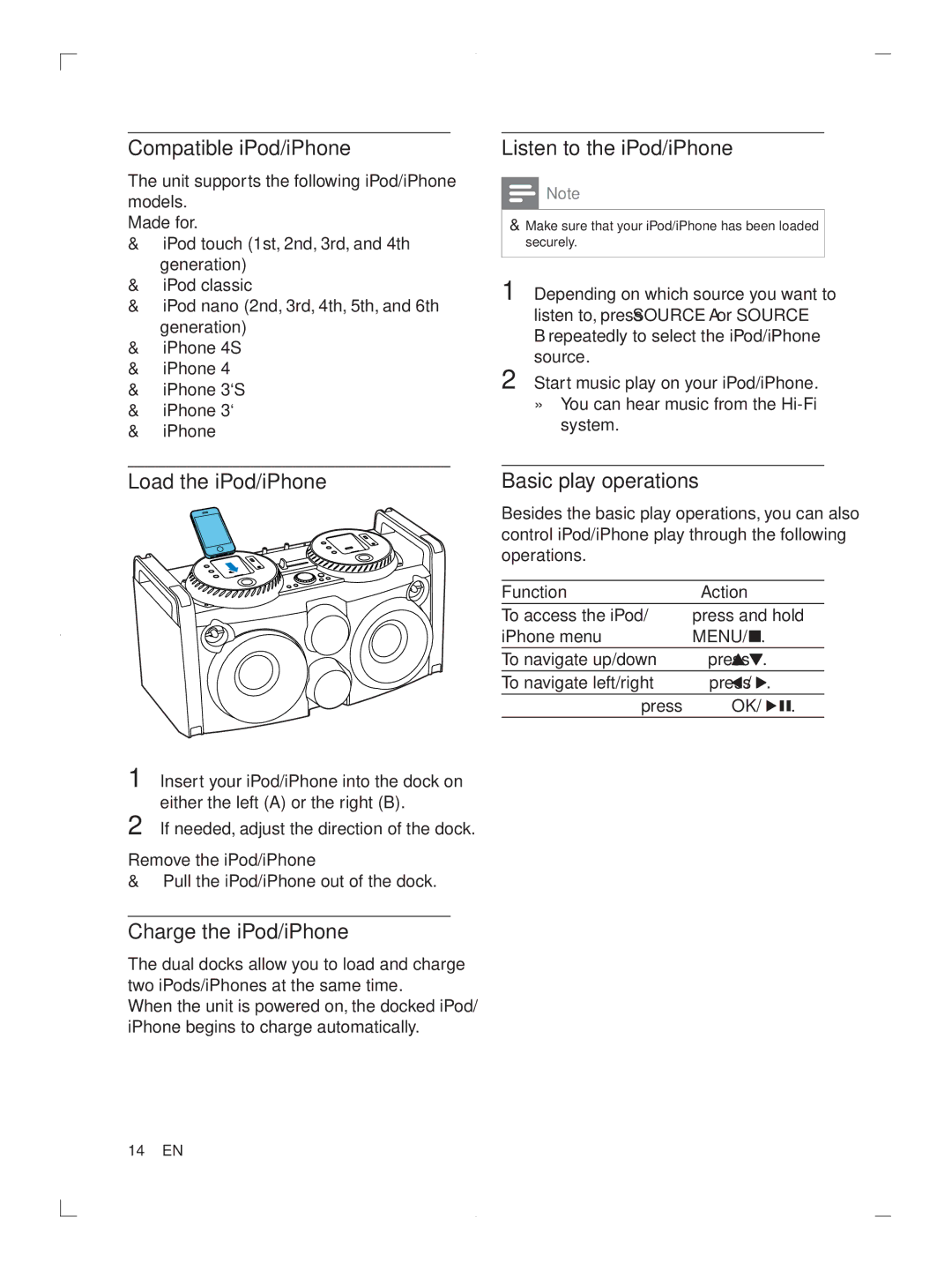 Philips FWP3200D Compatible iPod/iPhone, Listen to the iPod/iPhone, Load the iPod/iPhone, Charge the iPod/iPhone 