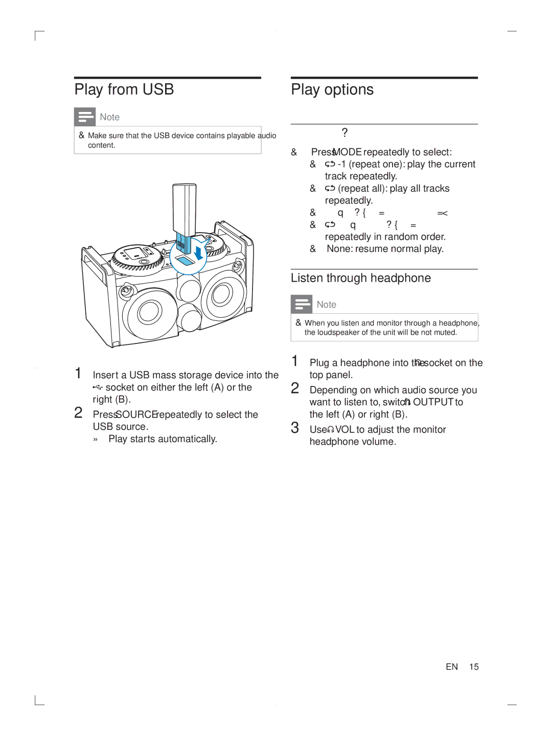 Philips FWP3200D user manual Play from USB, Play options, Listen through headphone 