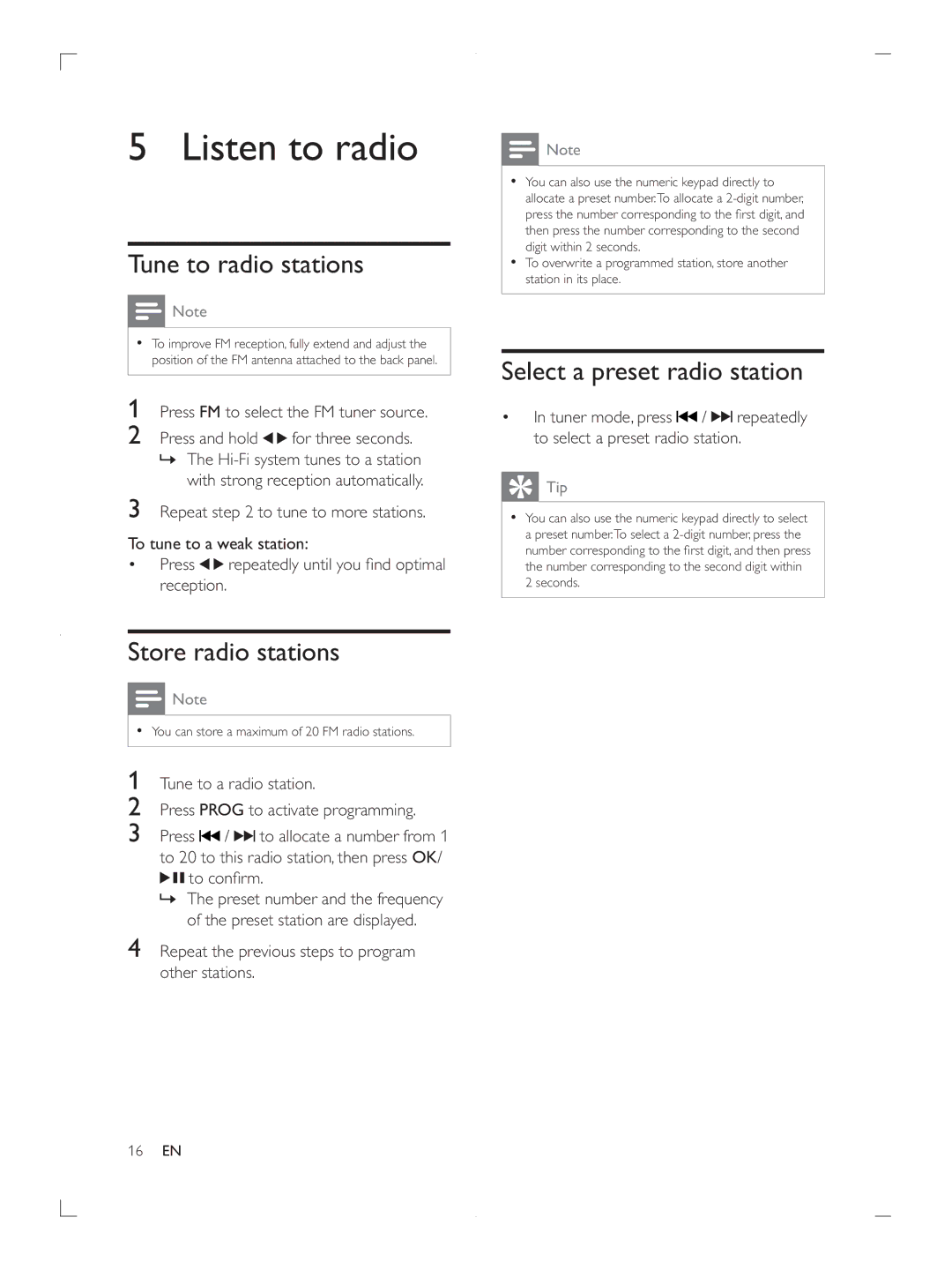 Philips FWP3200D user manual Select a preset radio station, Tip 