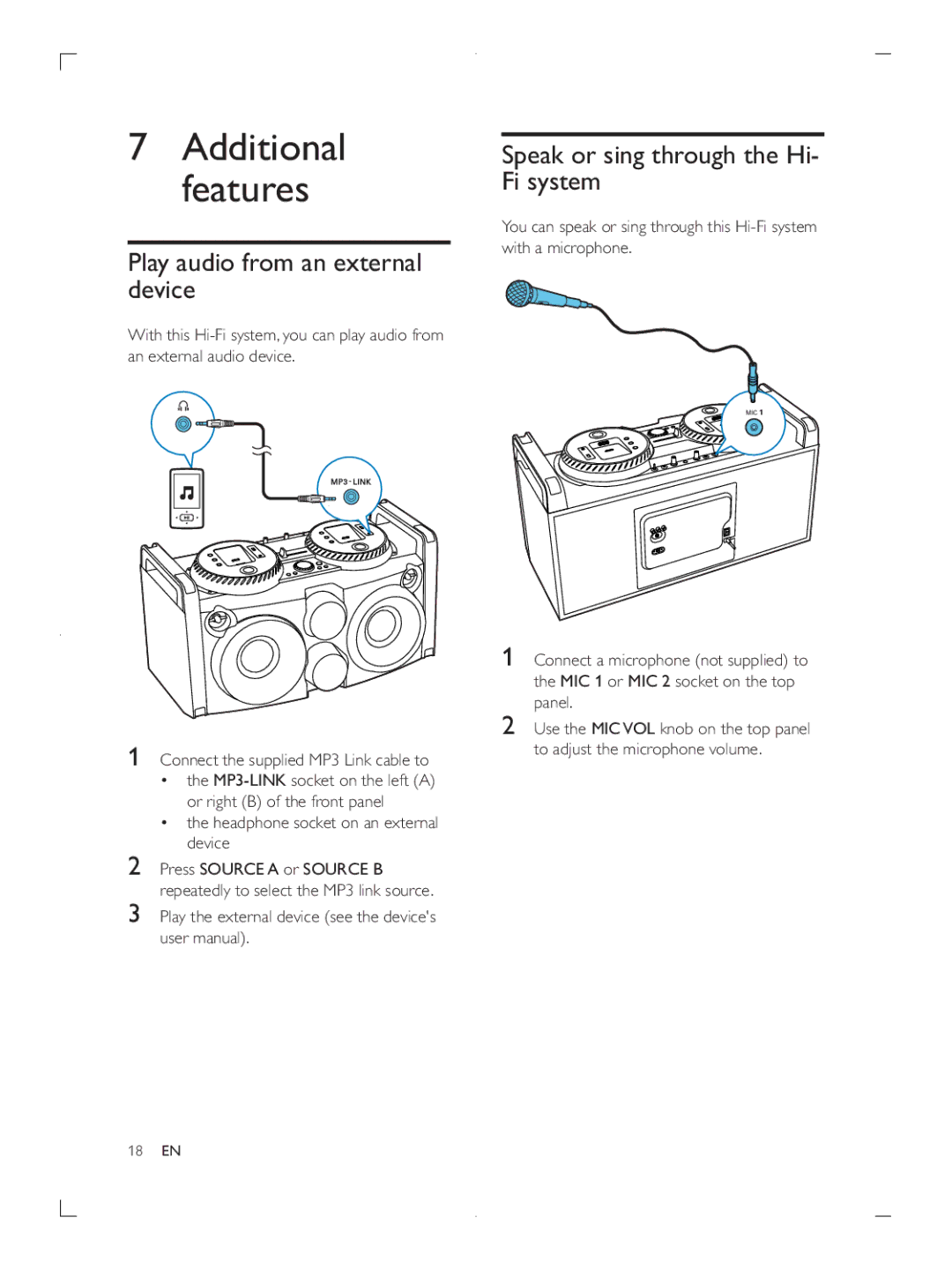 Philips FWP3200D user manual Play audio from an external device, Speak or sing through the Hi- Fi system 