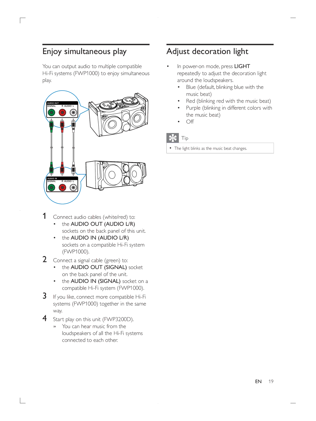 Philips FWP3200D Enjoy simultaneous play, Adjust decoration light, On the back panel of the unit, Music beat Off 