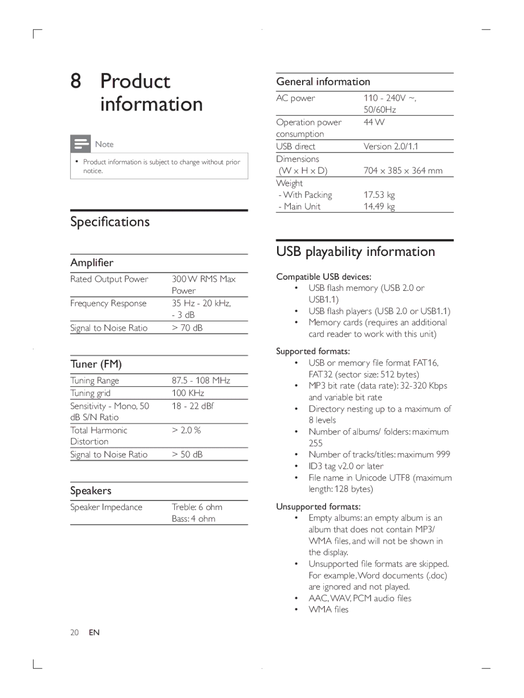 Philips FWP3200D user manual Product information, USB playability information, Speakers, General information 