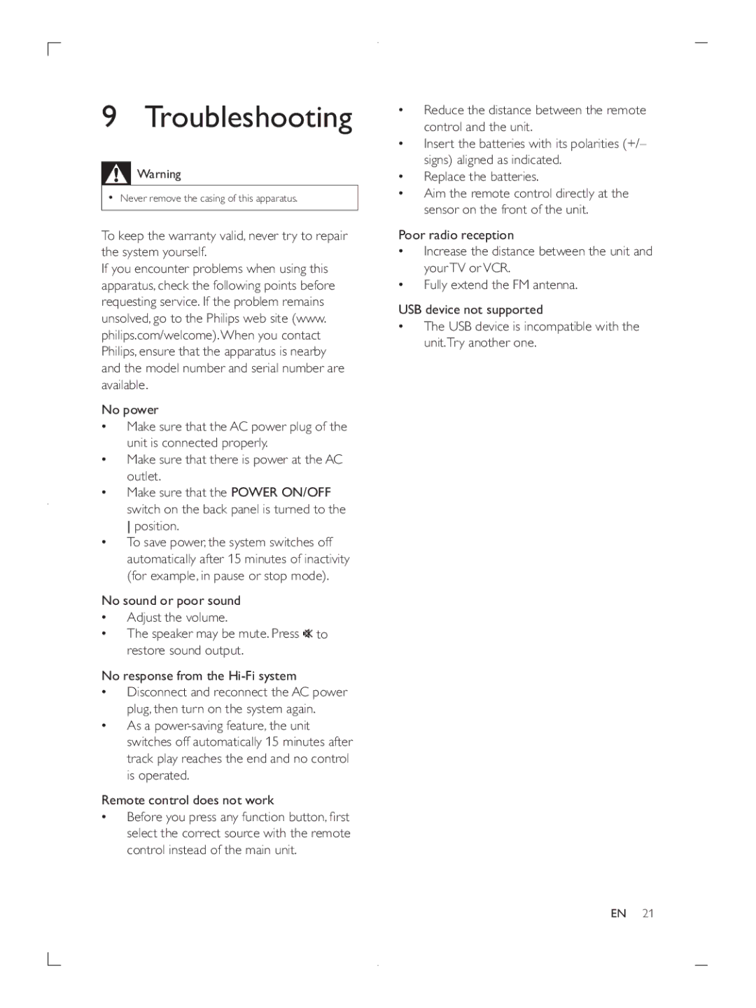 Philips FWP3200D user manual Troubleshooting, Position 