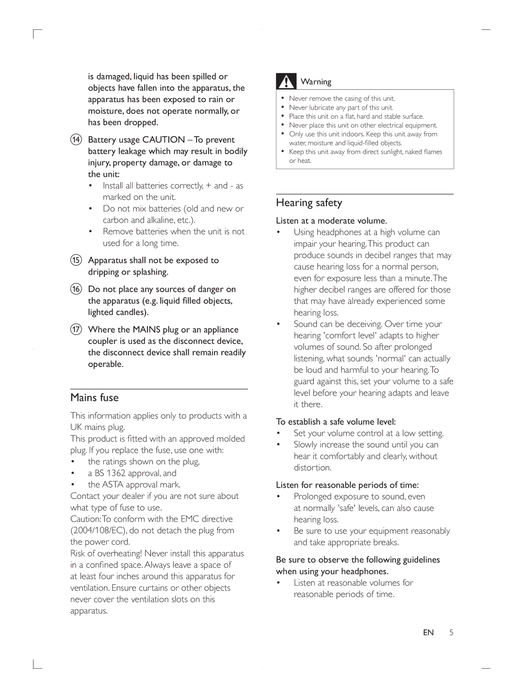 Philips FWP3200D user manual Mains fuse, Hearing safety, Listen at a moderate volume, Distortion 