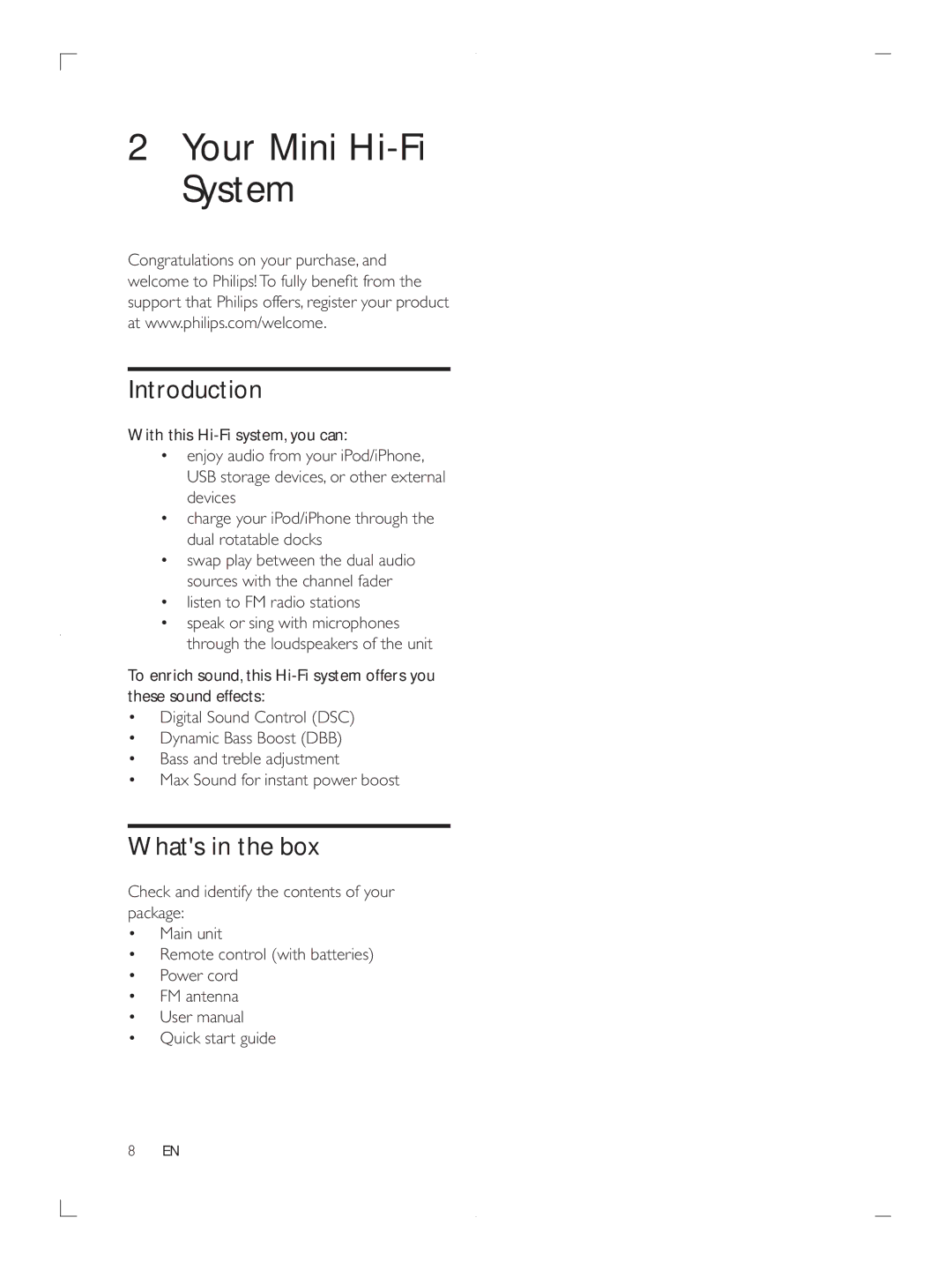 Philips FWP3200D user manual Your Mini Hi-Fi System, Introduction, Whats in the box, Congratulations on your purchase 