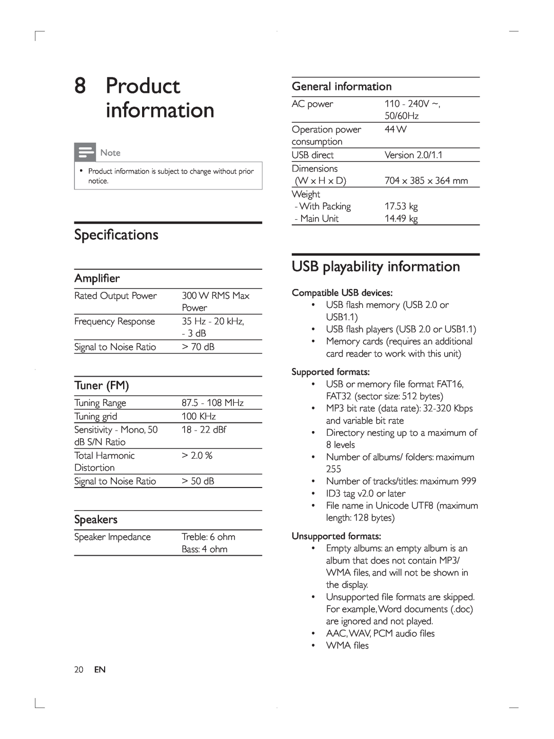 Philips FWP3200D user manual 8Product information, USB playability information, Speakers, General information 