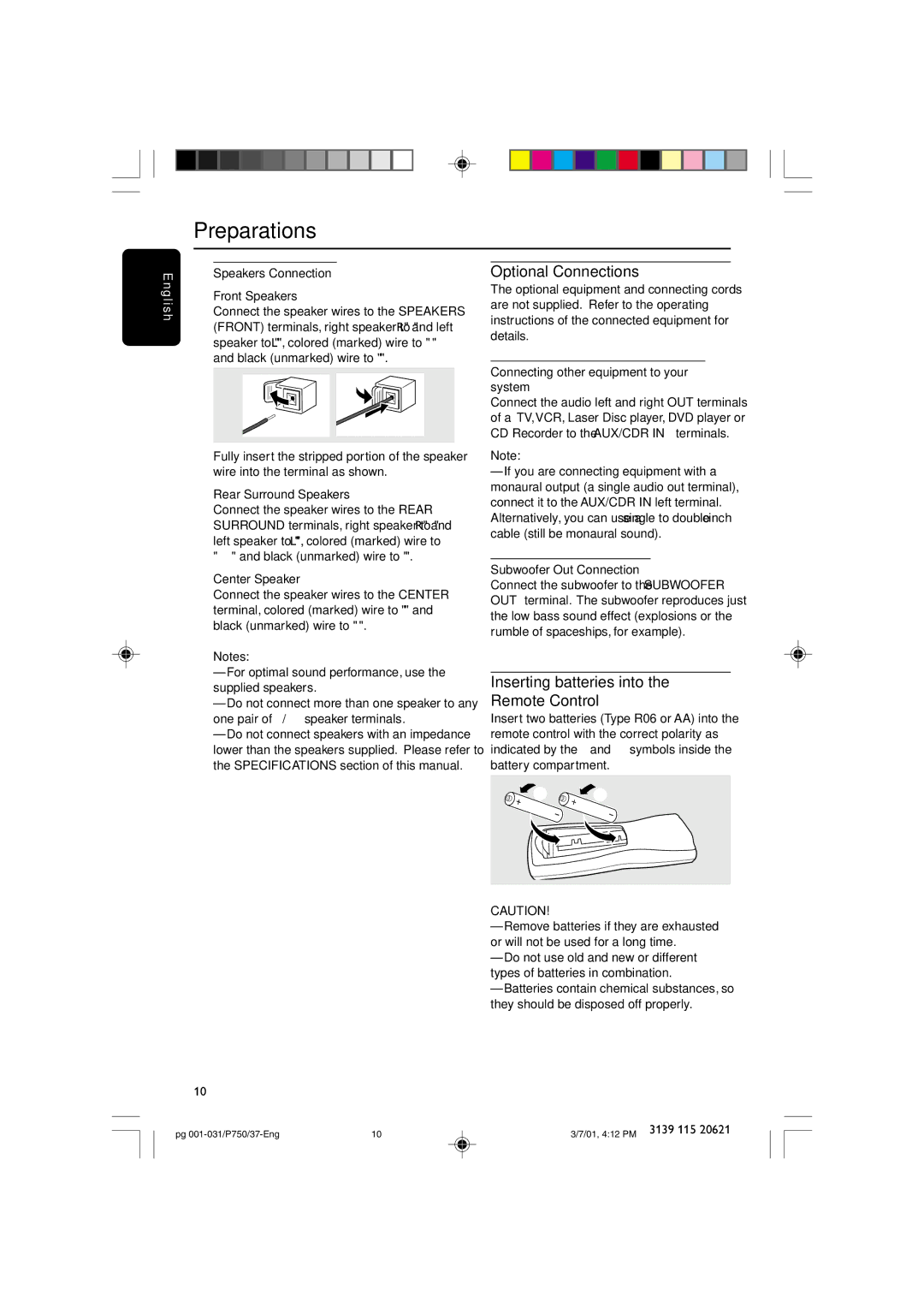 Philips FWP750 manual Optional Connections, Inserting batteries into the Remote Control, Ngl 