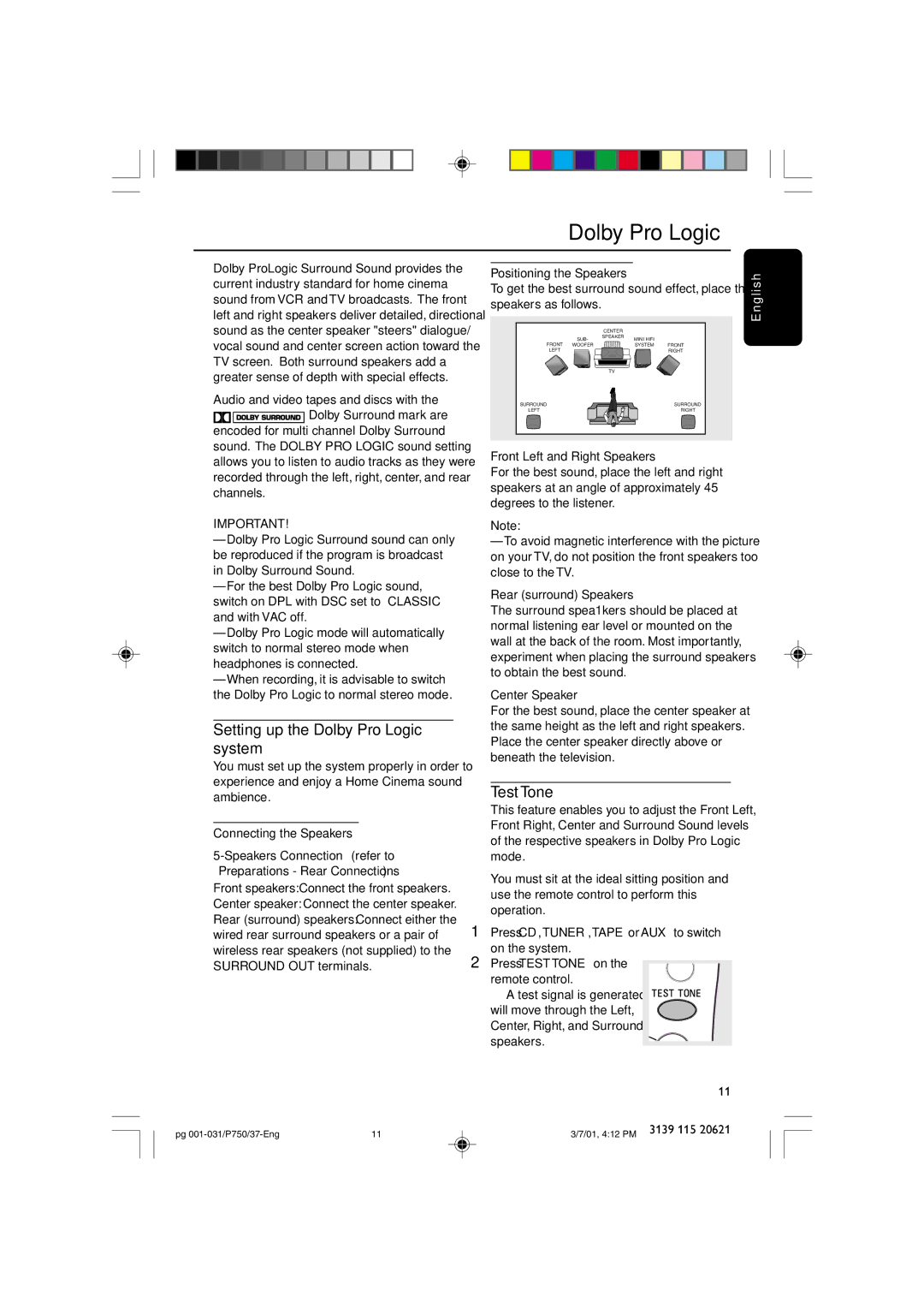 Philips FWP750 manual Setting up the Dolby Pro Logic system, Test Tone, Lis 