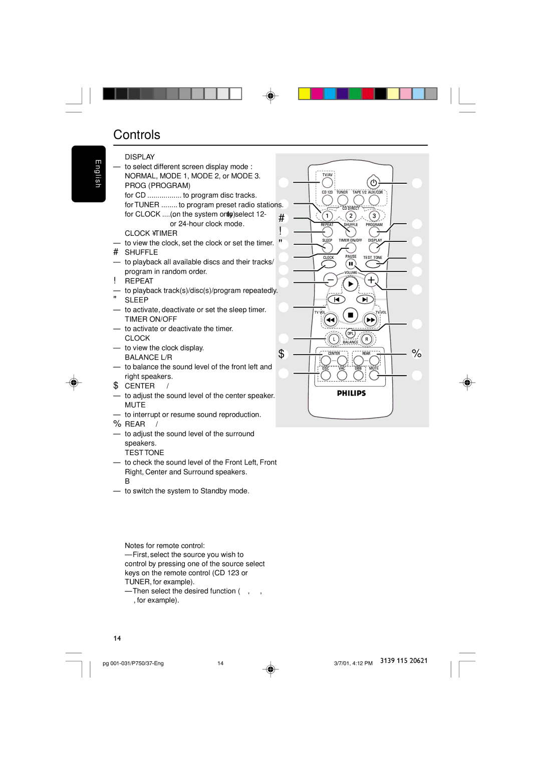 Philips FWP750 manual Controls 