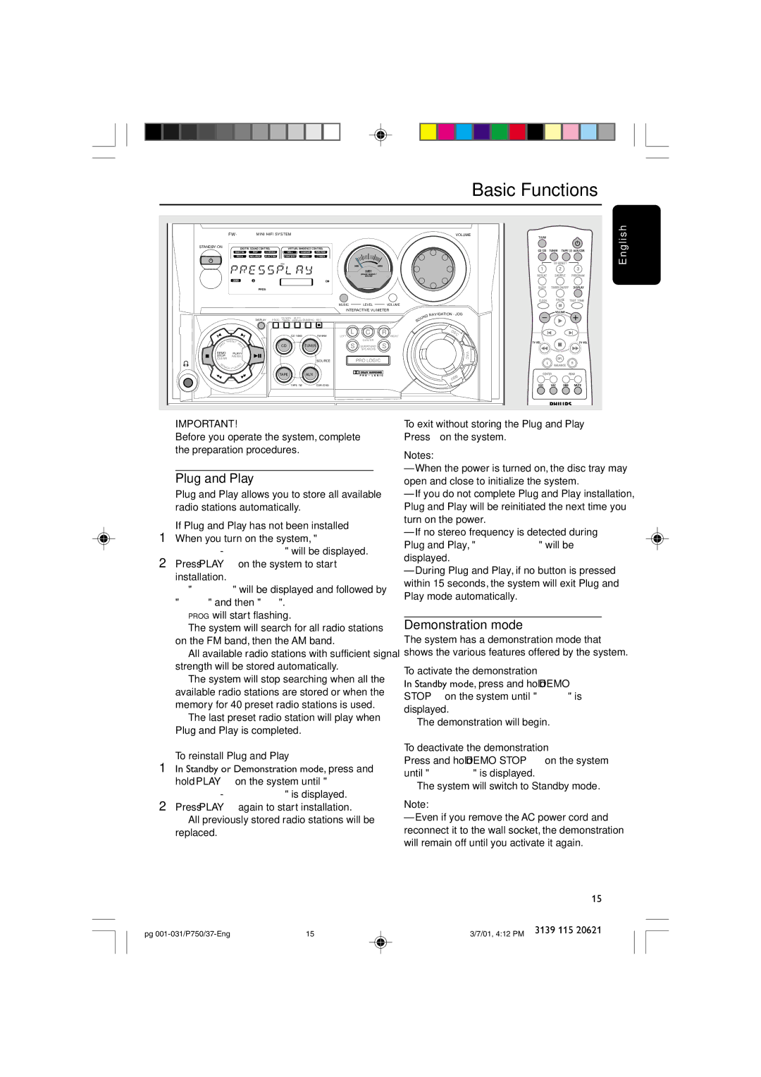 Philips FWP750 manual Basic Functions, Plug and Play, Demonstration mode, Eng 