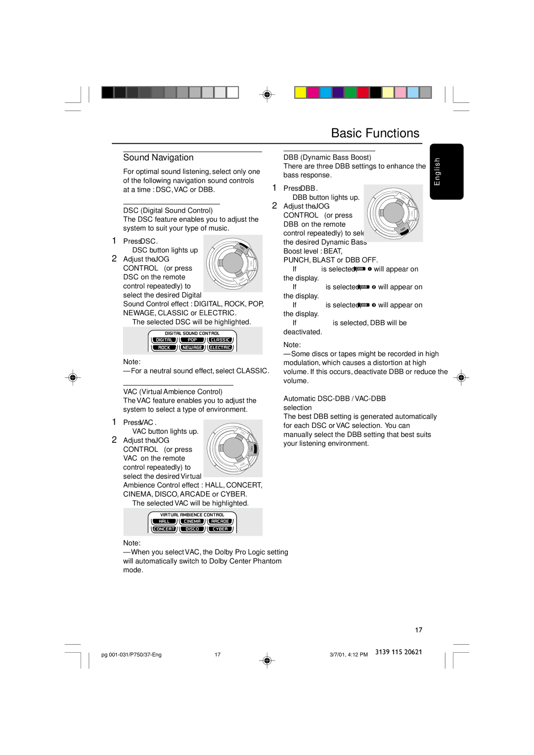 Philips FWP750 manual Sound Navigation, DSC Digital Sound Control, VAC Virtual Ambience Control, DBB Dynamic Bass Boost 