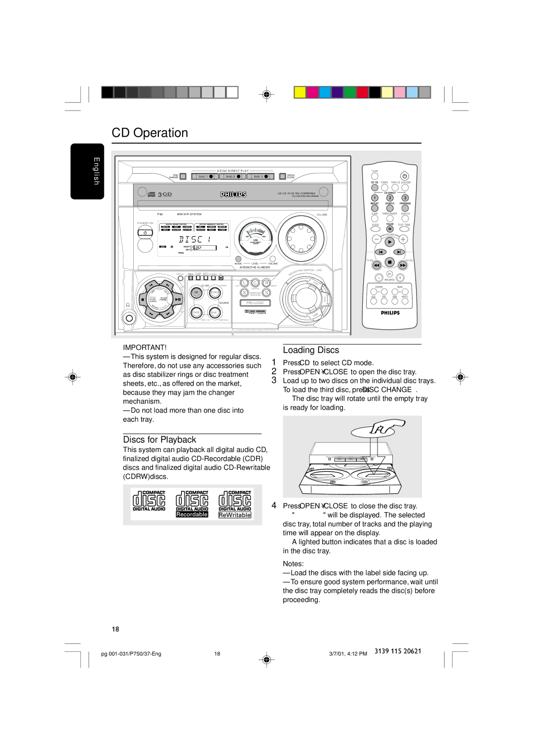 Philips FWP750 manual CD Operation, Discs for Playback, Loading Discs, Press Openclose to close the disc tray 