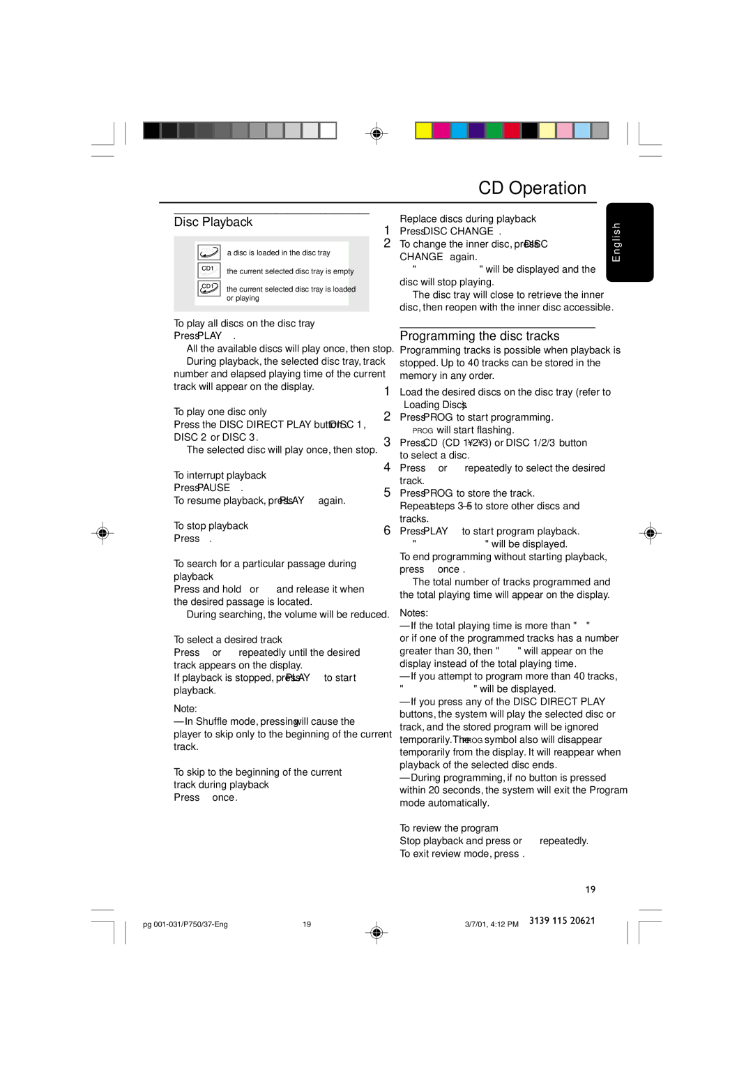 Philips FWP750 manual Disc Playback, Programming the disc tracks 