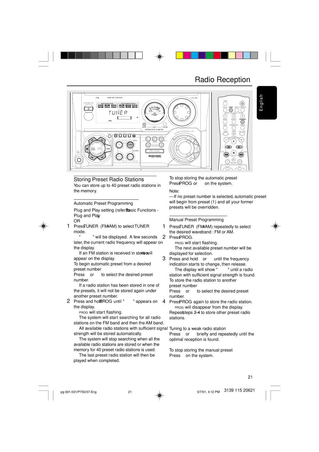 Philips FWP750 manual Radio Reception, Storing Preset Radio Stations 