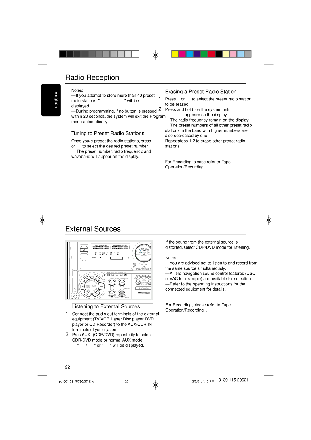 Philips FWP750 manual External Sources, Tuning to Preset Radio Stations, Erasing a Preset Radio Station 