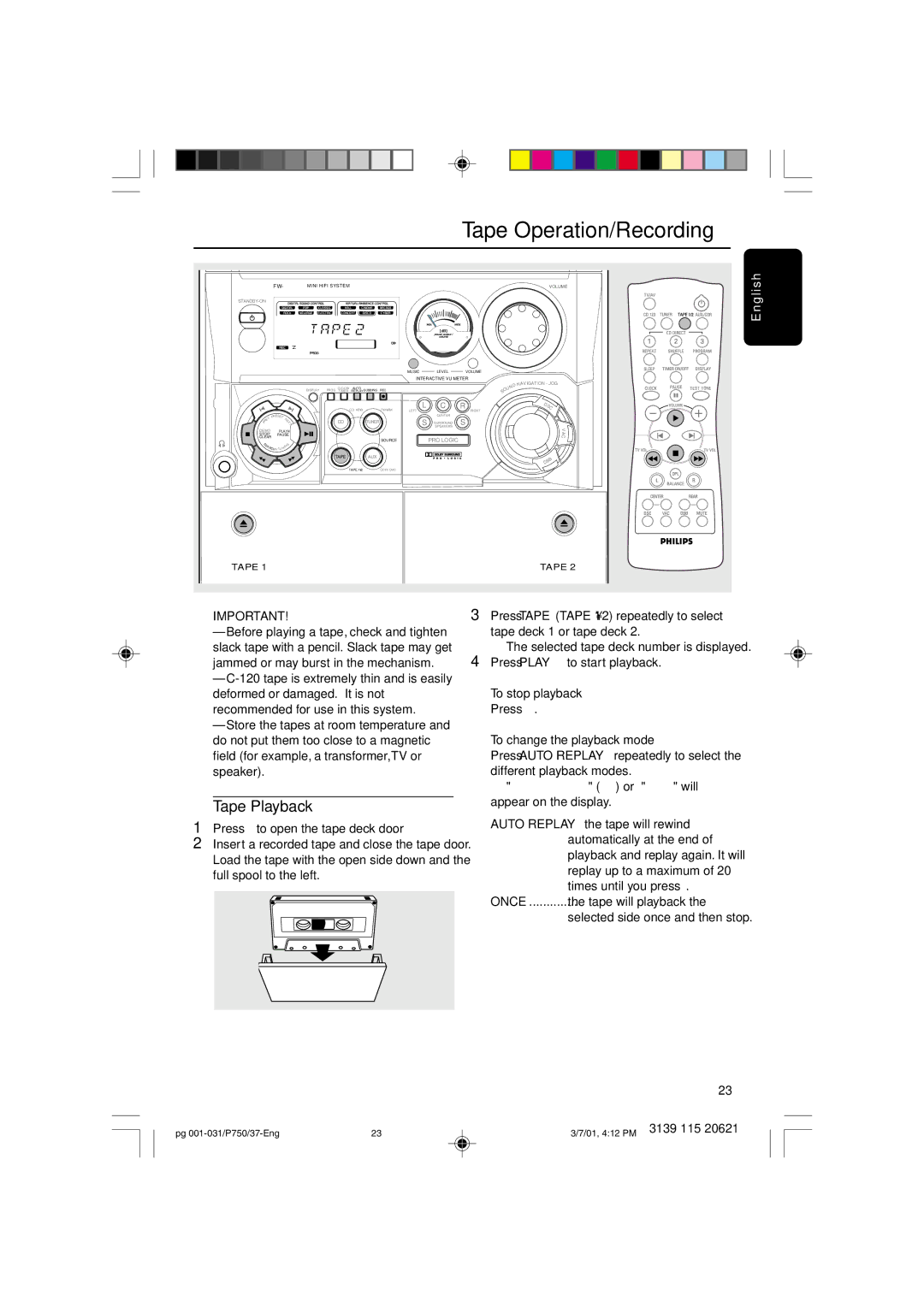 Philips FWP750 manual Tape Operation/Recording, Tape Playback, To change the playback mode 