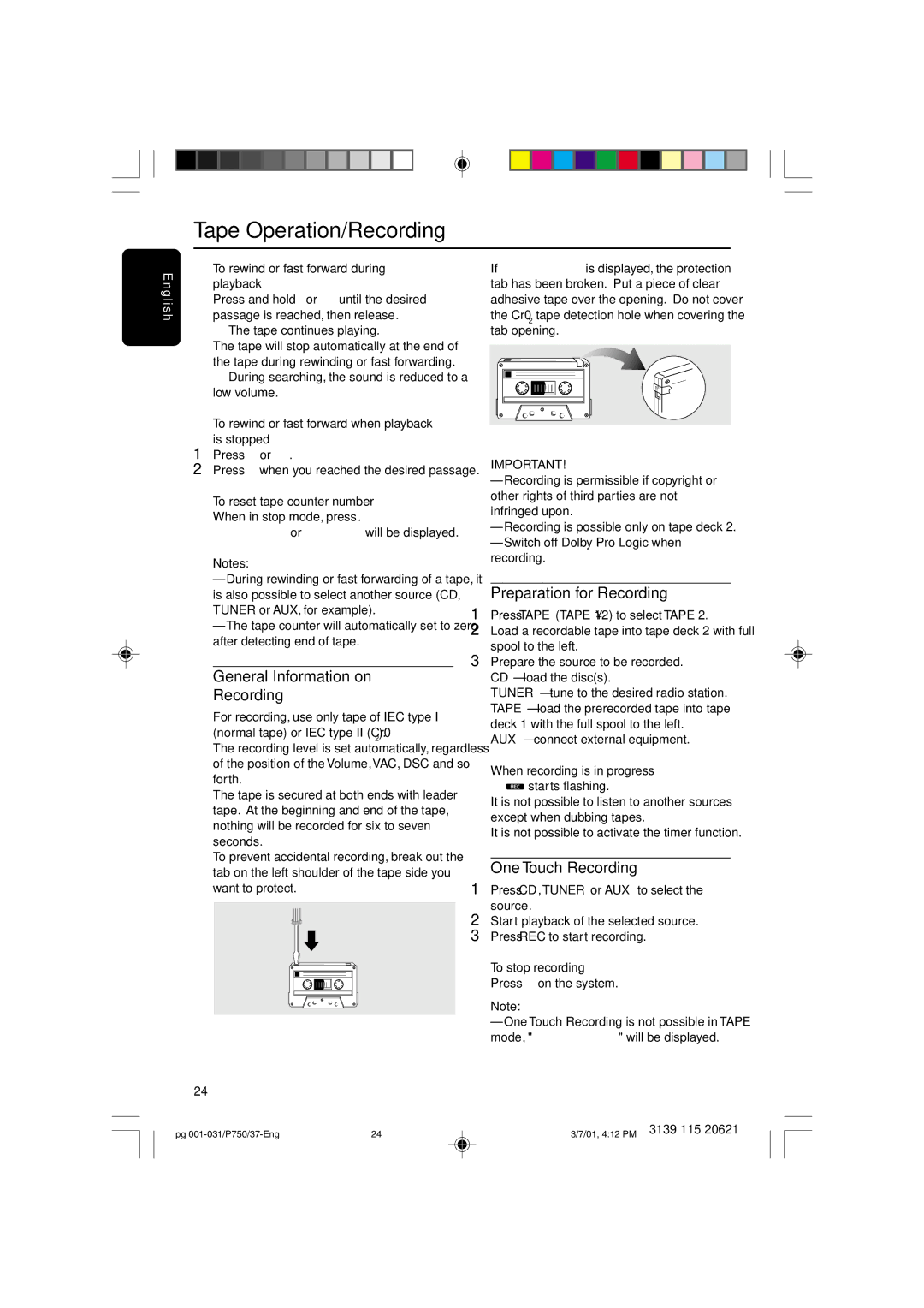 Philips FWP750 manual General Information on Recording, Preparation for Recording, One Touch Recording 