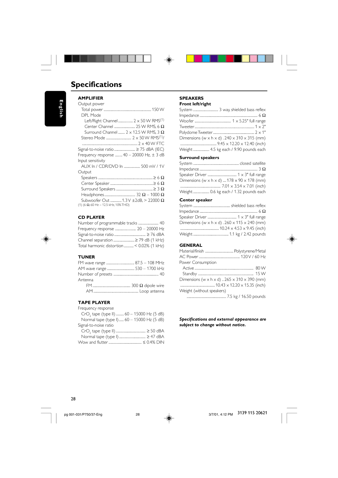 Philips FWP750 manual Specifications 