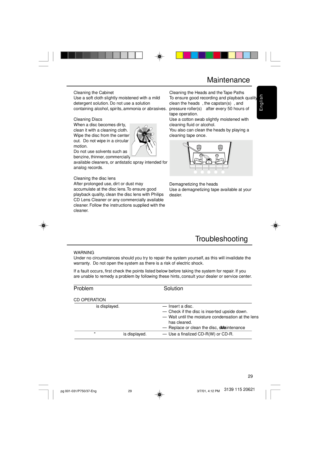 Philips FWP750 manual Maintenance, Troubleshooting, Problem Solution, CD Operation 