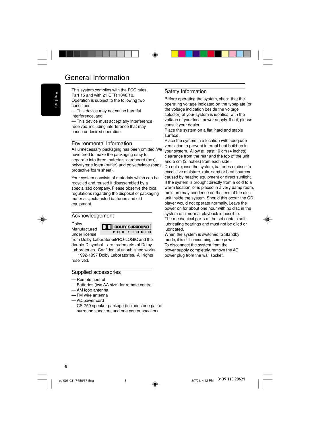 Philips FWP750 General Information, Environmental Information, Acknowledgement, Safety Information, Supplied accessories 