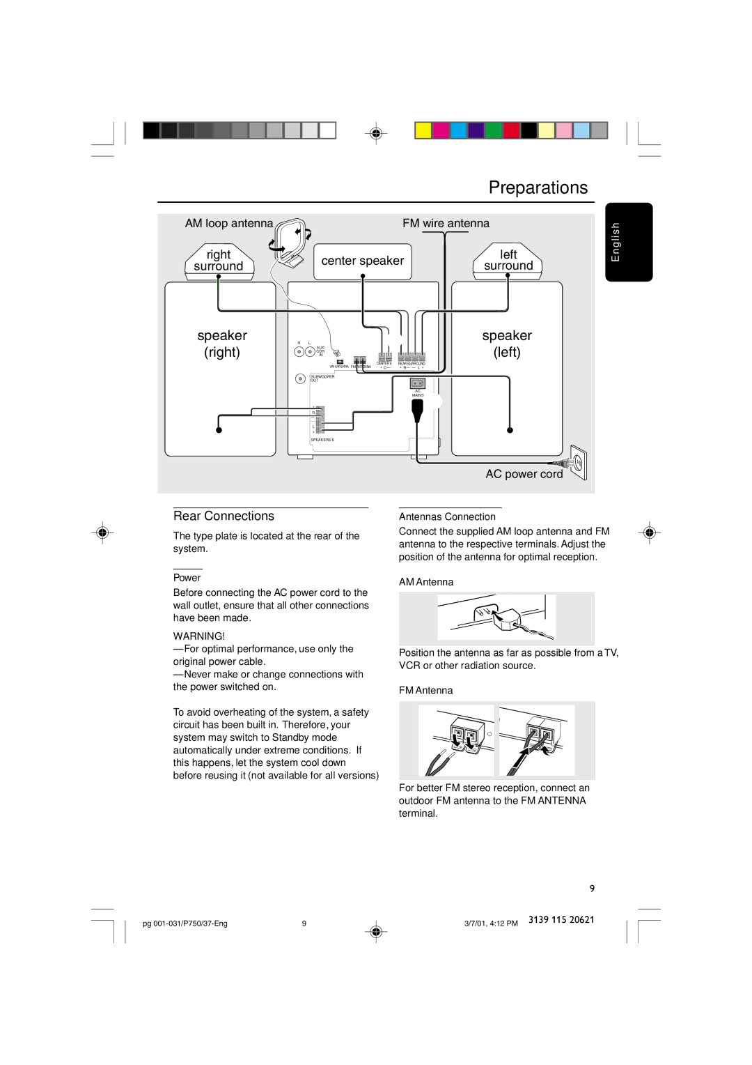 Philips FWP750 manual Preparations, Rear Connections 